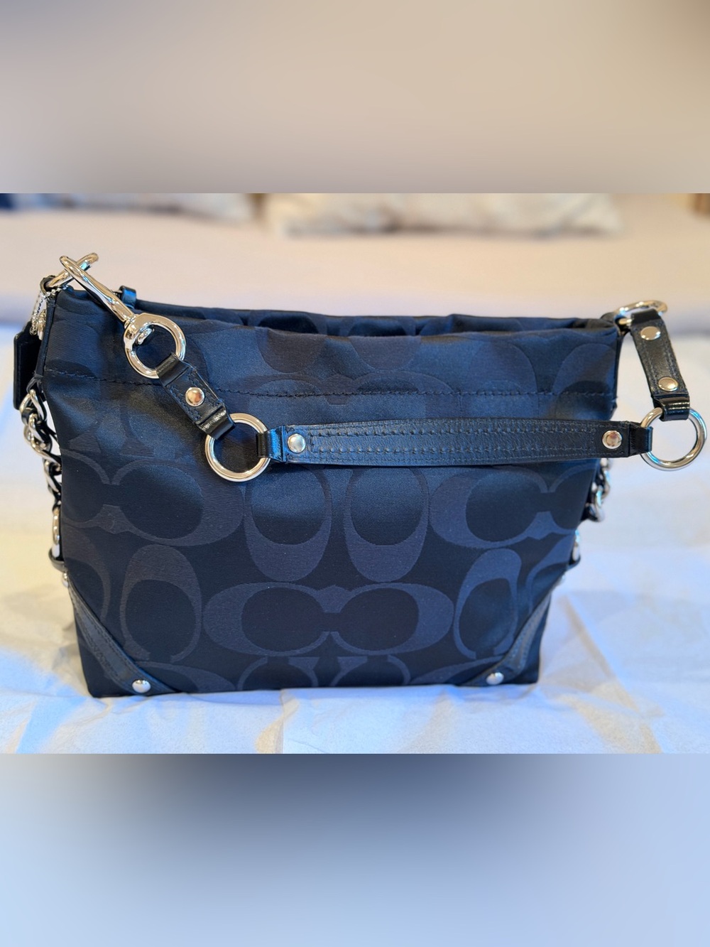 Coach Black Signature Jacquard Shoulder Bag with Silver Hardware